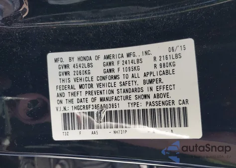 2015 Honda Accord Hybrid из США, поврежденный, VIN 1HGCR6F38FA013851